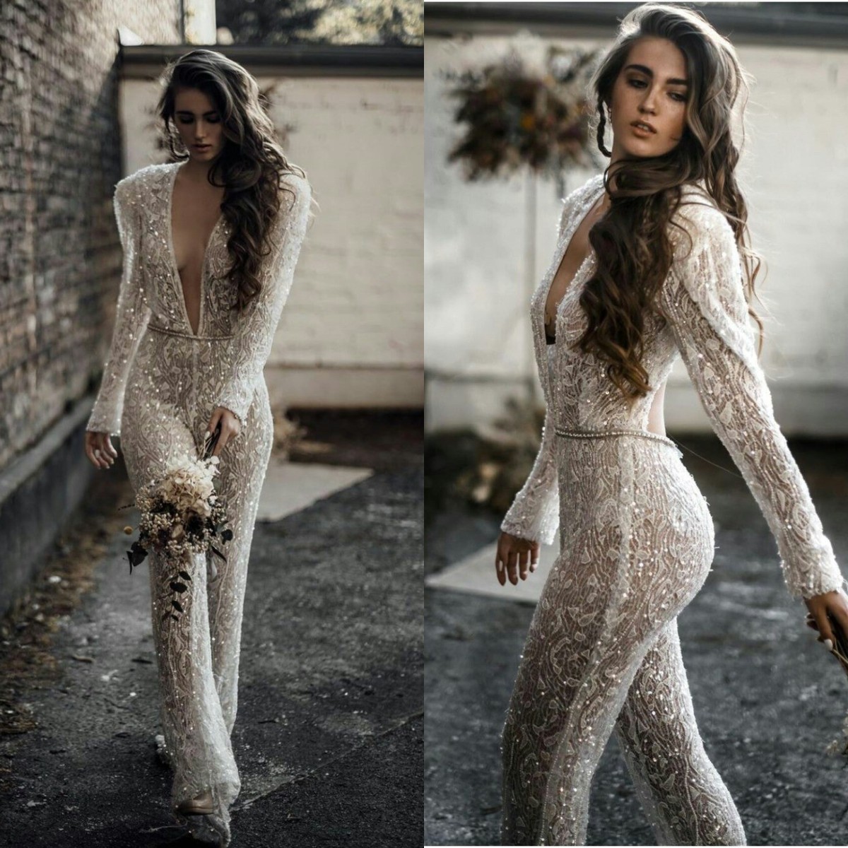 

Bohemian 2021 Jumpsuits Wedding Dresses Lace Appliqued Bridal Gowns Deep V Neck Beaded Crystal Boho Robes De Mariée, Ivory