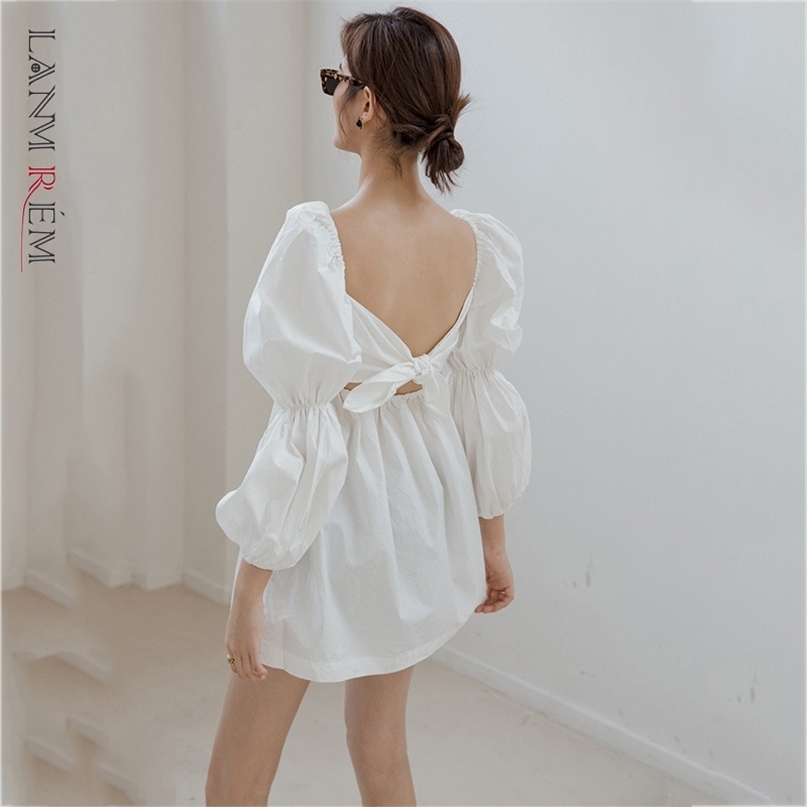 

Women White Mini Backless Dress Round Neck Long Petal Sleeve Loose Fit Fashion Spring Autumn 2E1642 210526
