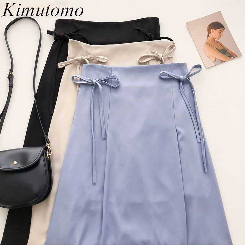 

Kimutomo Chic Bow Lace Up Skirt Spring Summer Women Clothing Korean Fashion Elegant Gentle Strap High Waist Solid Skirt 210521, Black