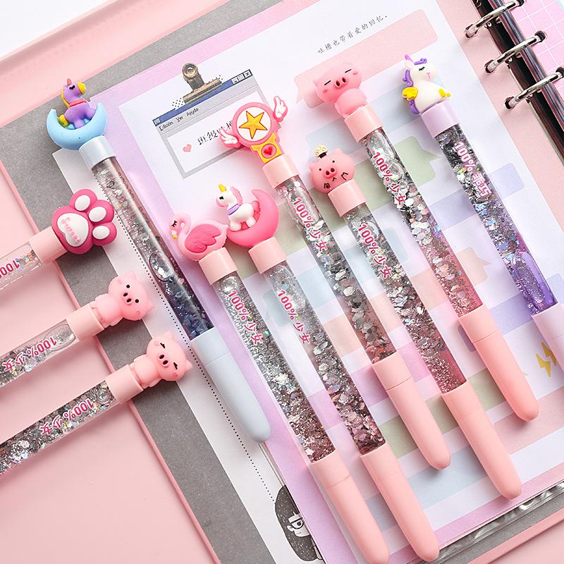 

6pcs/lot Cartoon Gel Pen Cute Kids Kawaii Stationery Drift Sand Glitter Crystal Bright Colorful Pink Children Girl Gift Pens