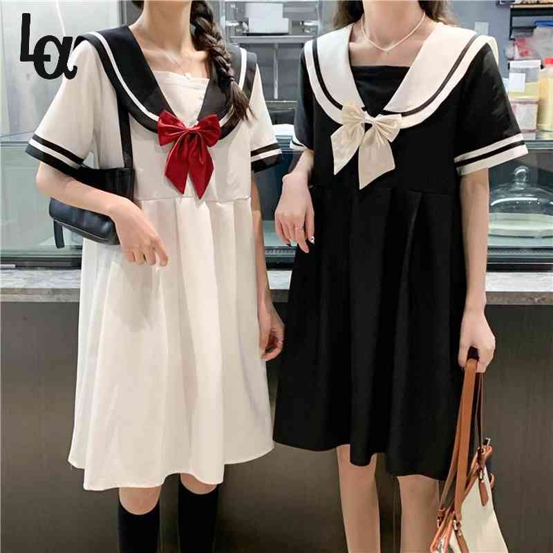 

Summer Japanese Sweet Preppy Style Short Sleeve Dress Women Fairy A-line Vestidos Harajuku Sailor Collar Dresses 210519, White
