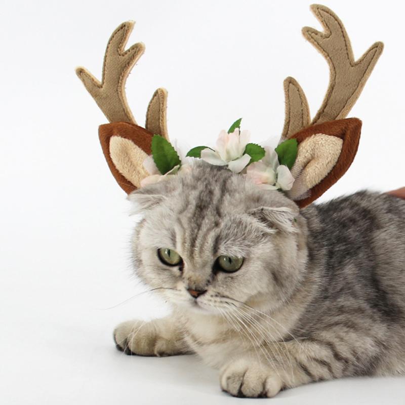 

Cat Costumes S/M/L Christmas Reindeer Hat Short Plush Silk Flower For Puppy Kitten Pets Accessories Holiday Decoration