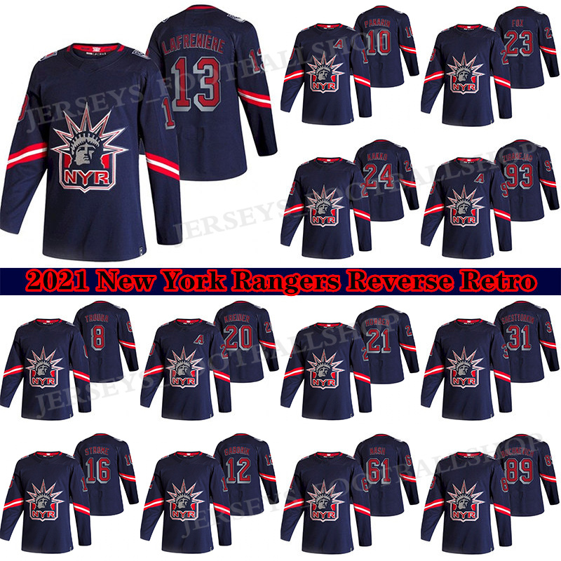 

New York Rangers Jersey 2021 Reverse Retro 13 Alexis Lafreniere 24 Kaapo Kakko 10 Artemi Panarin 93 Mika Zibanejad 23 Adam Fox 11 Mark Messier hockey jerseys, Navy blue retro