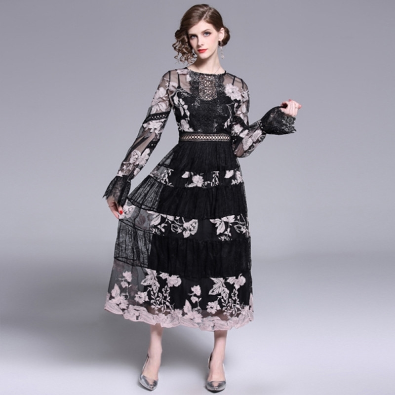 

Spring Summer Runway Fashion Black Lace Dress Flower Embroidery Net yard Hollow Out Flare Sleeve Mid-calf Ladies Party 210525