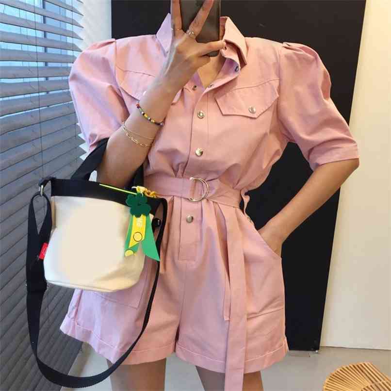 

est Pink Lapel Metal Button Single-breasted Loose Short Sleeve Playsuit Jumpsuit Women Multi-pocket Belt Tooling Rompers 210602