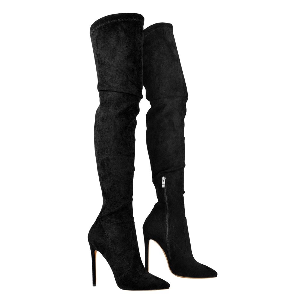 

2021 winter fashion Thigh-High boots black pointed toes Stretch Faux Suede thin high heels women shoes long footwear plus size 45