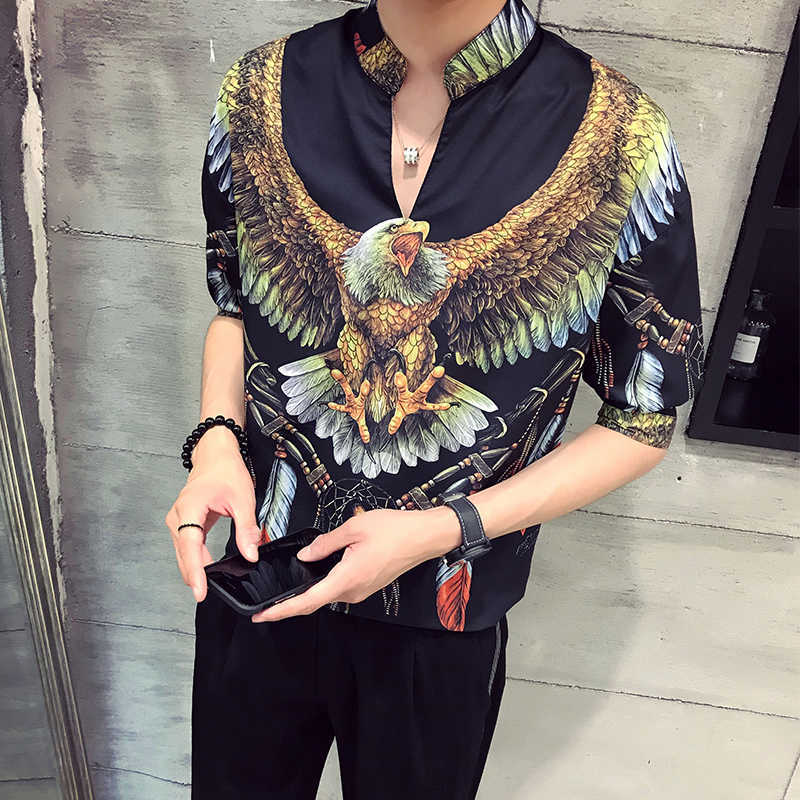 

Arrival Brand Clothing Men Shirt Summer Thin Male Sleeve Printing Leisure Three Quarter Mandarin Collar Casual Shirts 210721, Turquoise