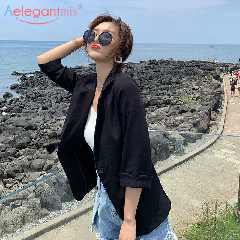 

Aelegantmis Office Lady Linen Thin Casual Blazer Notched Collar Fashion Solid Black White Slim Blazers Ladies Outerwear 210607