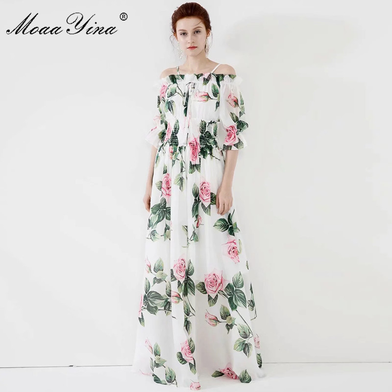 

Fashion Designer dress Spring Summer Women Dress Rose Floral-Print Vacation Maxi Dresses 210524, White
