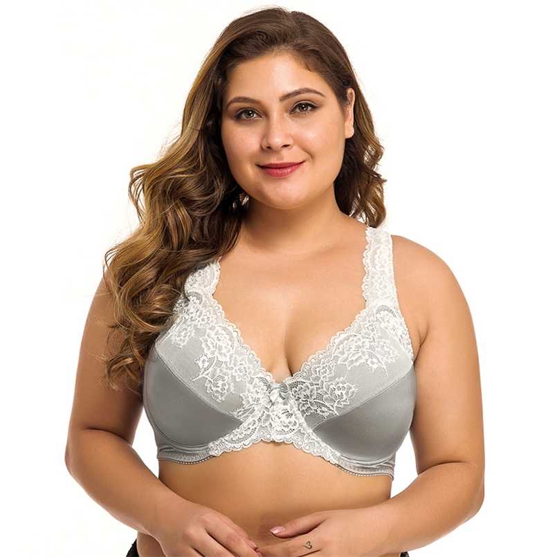

Plus Size Bra Lager Bosom Lace Embroidery Minimizer Bra For Womens Sexy Underwire Bralette Brassiere Top F G H I Cup 211110, White