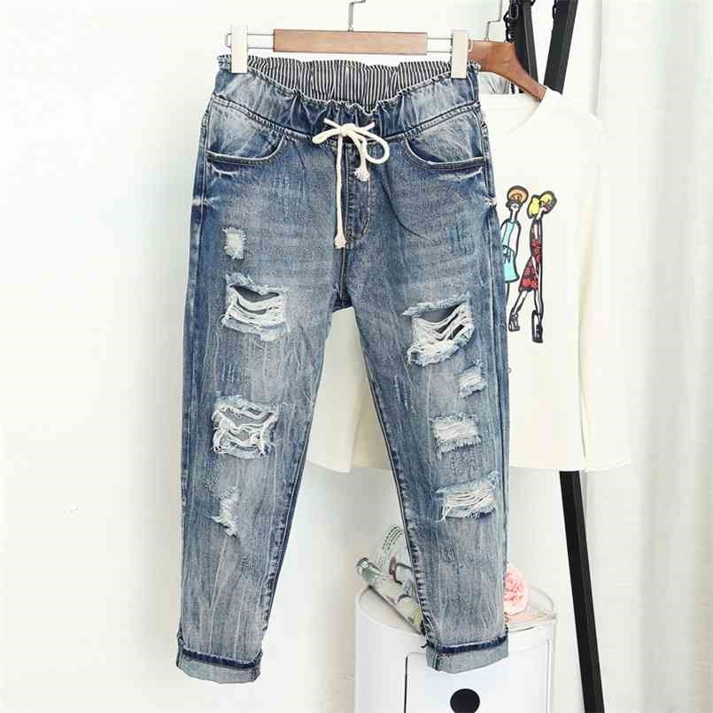 

Summer Ripped Boyfriend Jeans For Women Fashion Loose Vintage High Waist Plus Size 5XL Pantalones Mujer Vaqueros Q58 210720, Light blue jeans