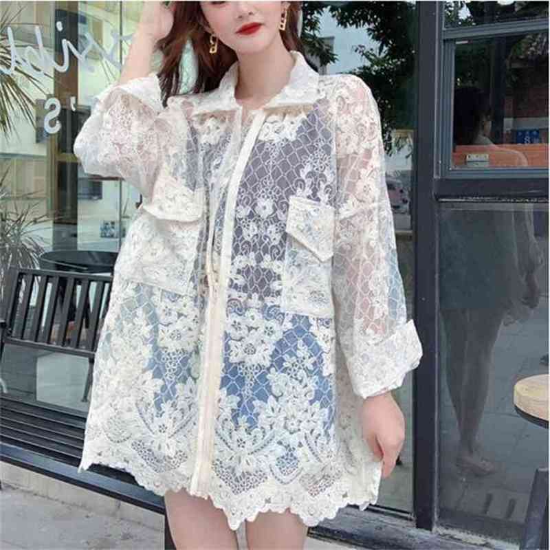 

Oversize Net yarn Lace Patchwork Trench High Quality Floral Embroidery Long-sleeved Coat Lapel Loose Straight Outwear 210602, Beige