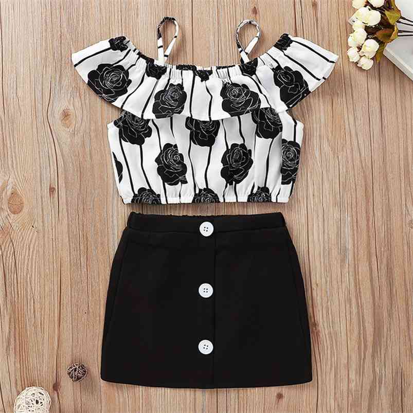 

Summer Children Sets Casual Strap Ruffles Print Black Rose Tops Solid Button Skirt 2Pcs Girls Clothes 6M-5T 210629