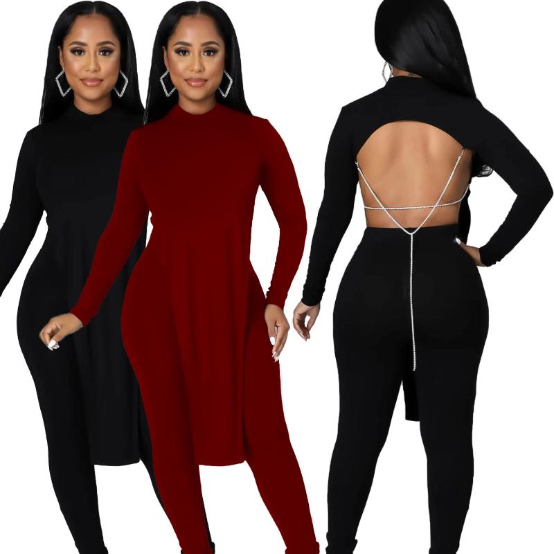 

Women's Tracksuits Winter Casual 2 Two Piece Set For Women Night Club Outfits Long Sleeve Backless Chain Bandage Top And Skinny Pants Matchi, Gray