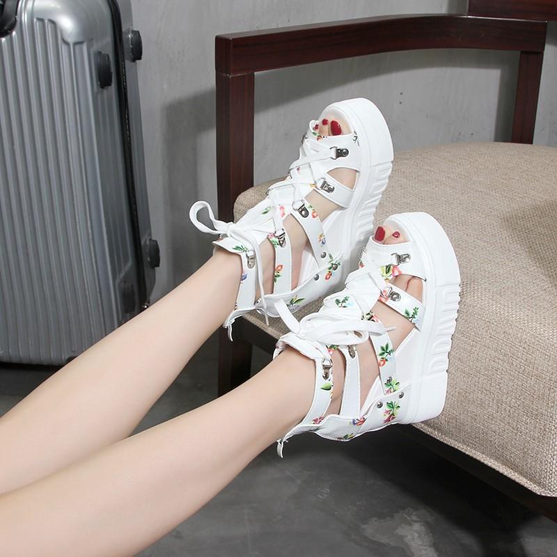 

Fashion Women Sandals Summer Wedge Open Toe Fish Head Platform High Heels Lace Up Shoes, Black