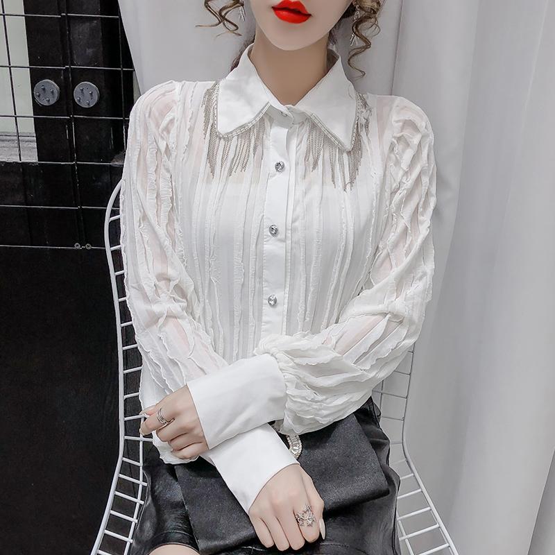 

Women's Blouses & Shirts Chiffon Blouse Casual Sexy Shirt Striped Long Sleeve Top Fashion Clothing Spring Autumn Lady Blusas Houthion, White
