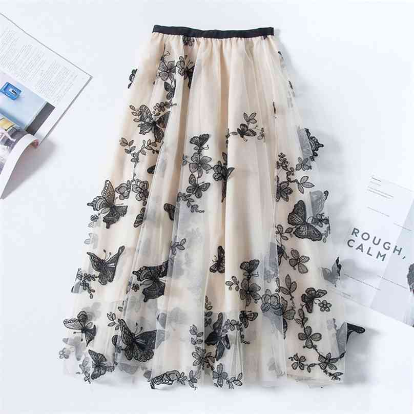 

High quality Embroidery skirts womens Summer autumn vintage Ol elegant retro midi women Butterfly Mesh Long Skirt 210629, Beige
