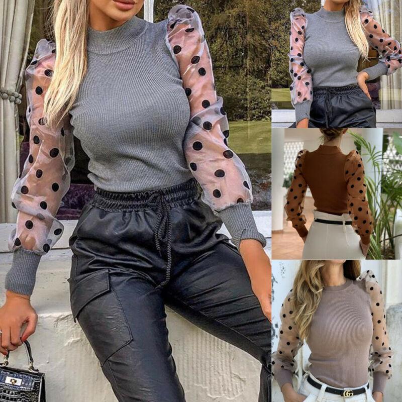 

Women's Sweaters Fashion Casual Women Turtle Neck Mesh Puff Long Sheer Polka Dot Sleeve Knitted Top Pullover Blouse Spring High Street Shirt, White;black