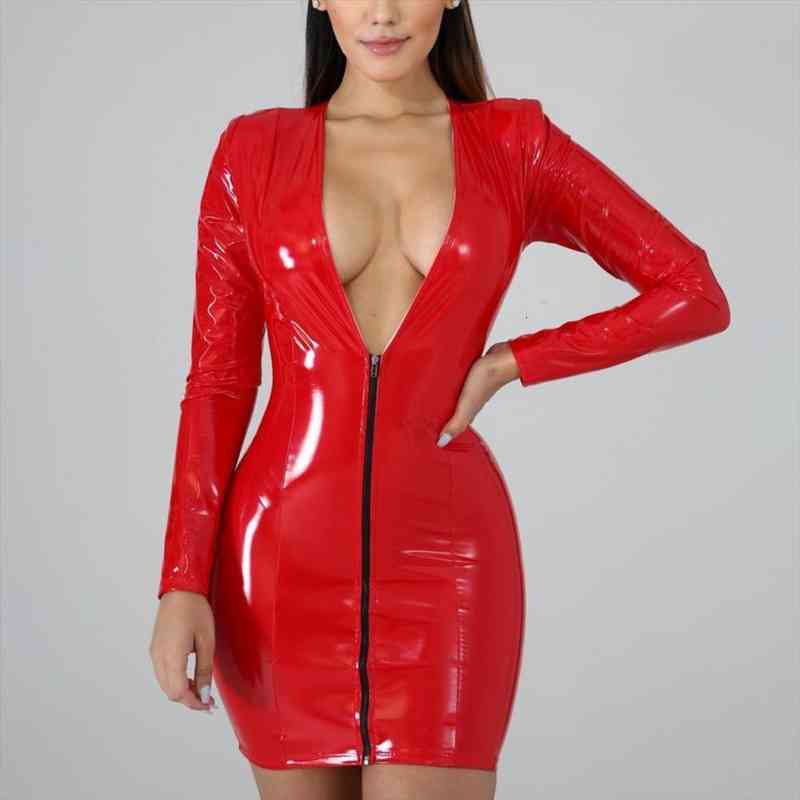 

Wet Look Plus Size Long Sleeve Deep V-neck Faux Latex Pu Leather Dress Package Hip Shiny Pvc Minifalda Sexy Clubwear, Black;gray