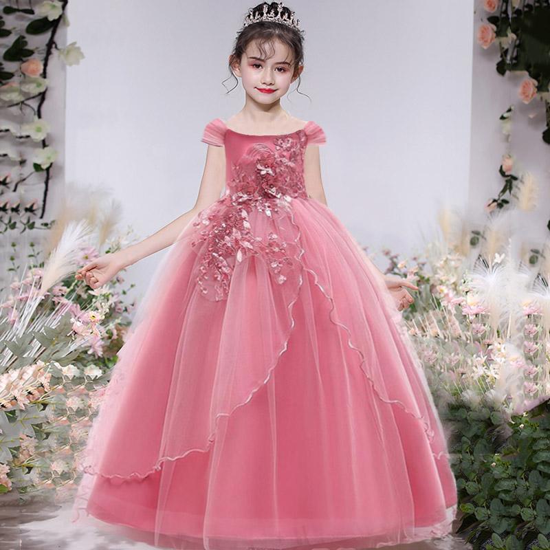 

Girl's Dresses Pink Winter Lace Girls Dress Bridesmaid Kids For Children Long Party Wedding Princess 14 10 12 Years, Champagne