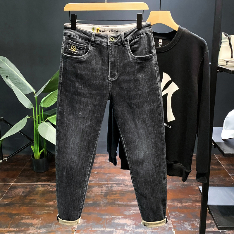 

new autumn jeans black simple small foot slim fit trend 2021 elastic high-end korean men's, Blue