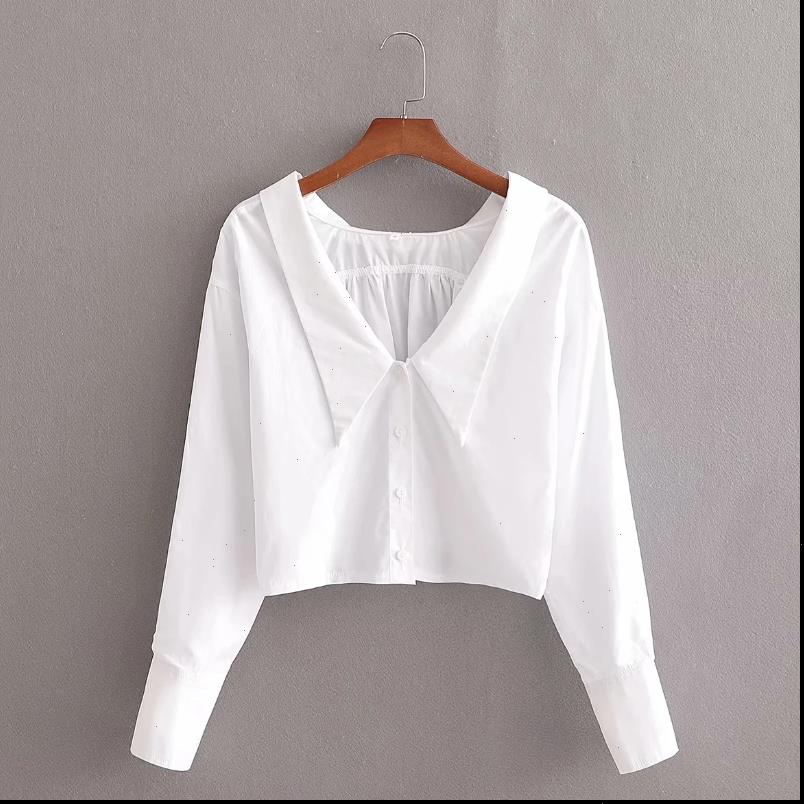 

turndown collar loose short femme womens shirt hole long sleeve white casual lady blusas s8080