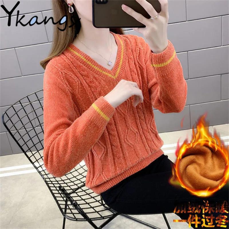 

Women' Sweaters V-Neck Short Sweater Korean Fashion Autumn Winter Soft Warm Knitted Pullover Female Casual Loose Base Jumper, Rose red