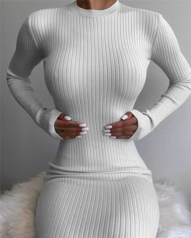 

CHRONSTYLEWomen Dress Sexy Fall Autumn Knitted Long Sleeve Warm Dresses Backless Turtleneck Lace-up Solid Color Pencil Vestidos Y0603, White