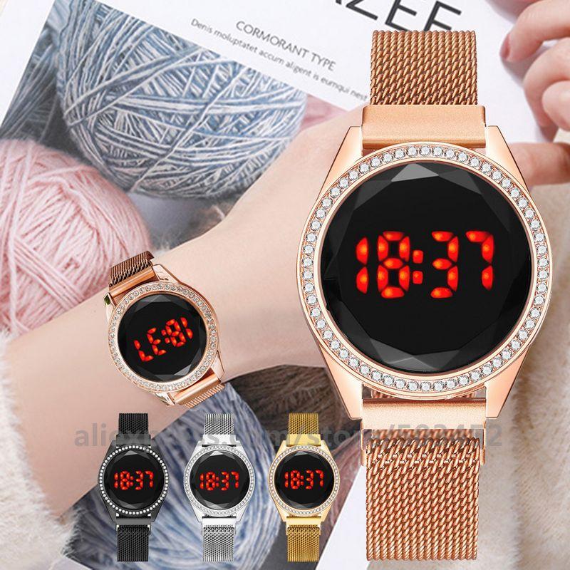 

Wristwatches 100pcs/Lot LED Digital Magneto Belt Watch Rhinestone Wristwatch Ladies Clock Relogio Feminino Wholesale, Black