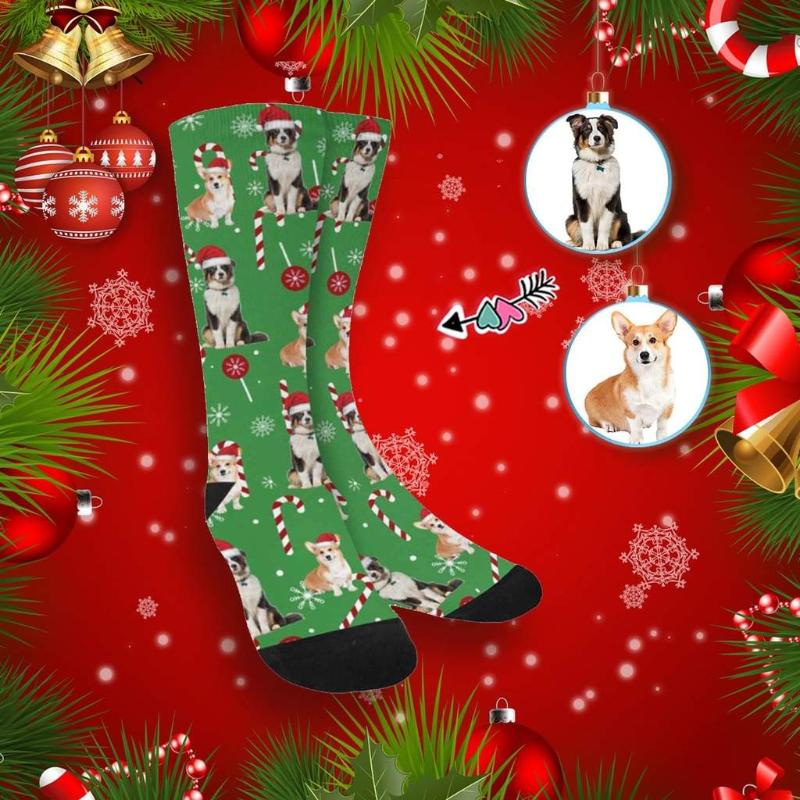

Men's Socks M Yescustom Face Dog Po Christmas Green Sublimated Crew Adult Unisex Novelty Unique Design Print Gifts, Black