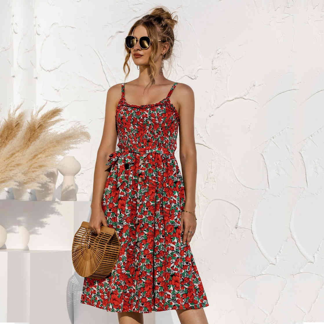 

Women printed Dress Summer Spaghetti Strap Camisole A-Line Slim Dot Printing Ruffles Casual Women' pleated holidays beach 210524, Dark green