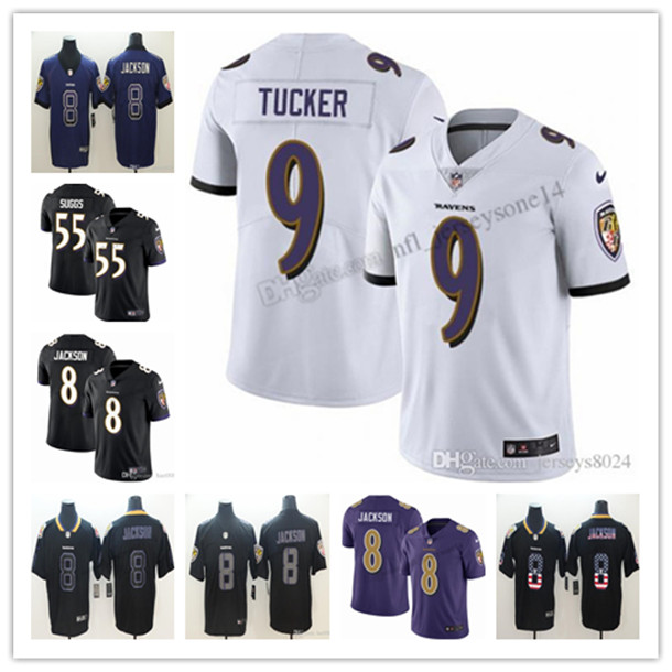 

2021 Custom Mens women youth BaltimoreRavens8 Lamar Jackson 9 Justin Tucker 55 Terrell Suggs Black White purple Limited Football Jerseys