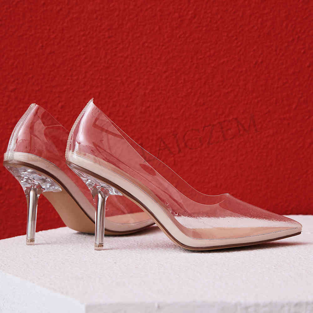 Chaussures de robe Laigzem Trendy Clear Verre Talons Pompes Transparent 8cm Sandales PVC Femme Celebrity Fête Big Taille 34 41 42 43 R811