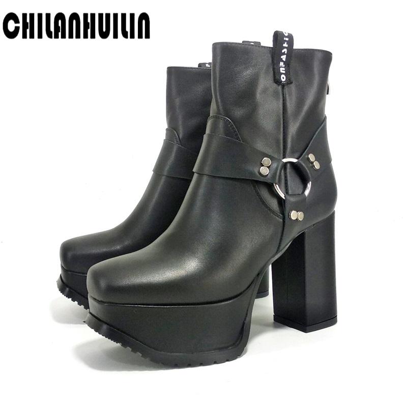 

Boots Autumn Winter Brand Punk Buckle Genuine Leather Women Ankle Back Zipper High Heels Platform Runway Party Shoes Woman, Black