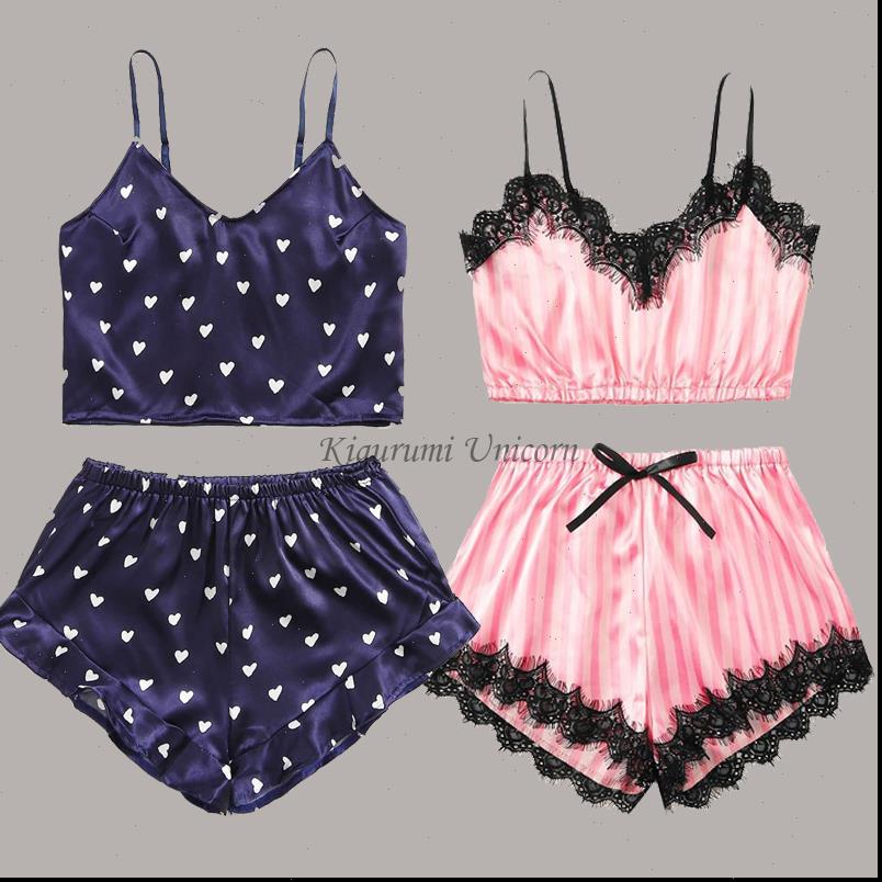 

lace trim satin cami womens sleepwears lingerie pyjamas set v neck sleeveless strap pajama sets summer bow cute, Black;red