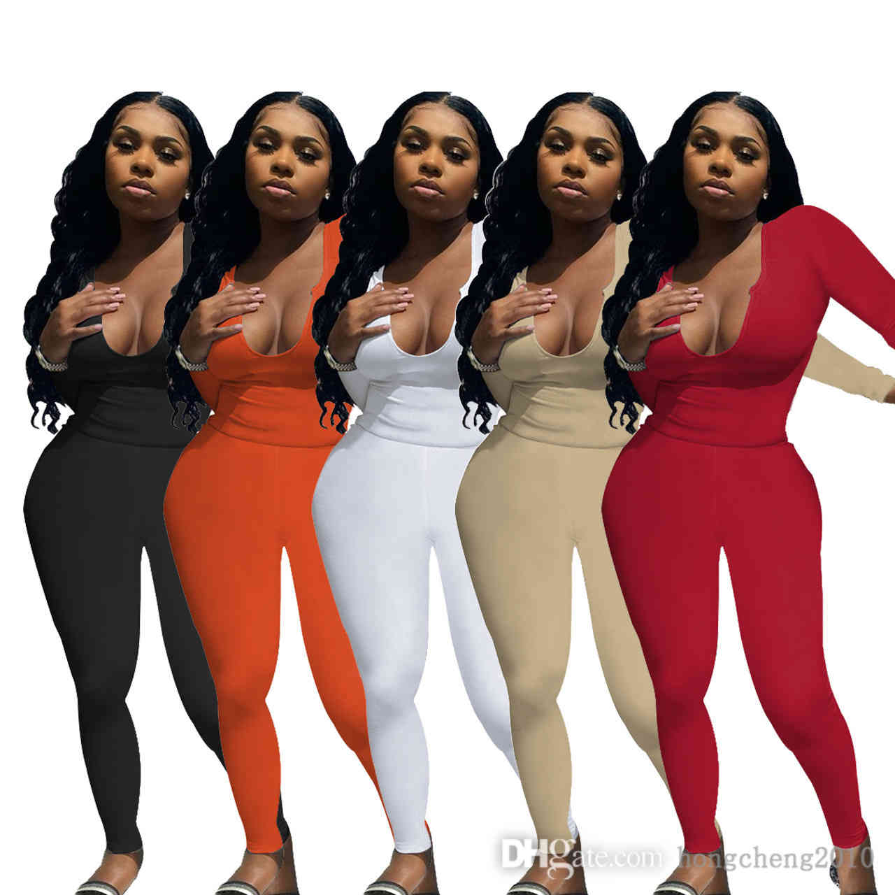 

Designer Tracksuits Women Solid Color Slim Sexy Long Sleeve Deep V Neck Sweater Leggings Two Piece Suits Sportwear Plus Size, Orange