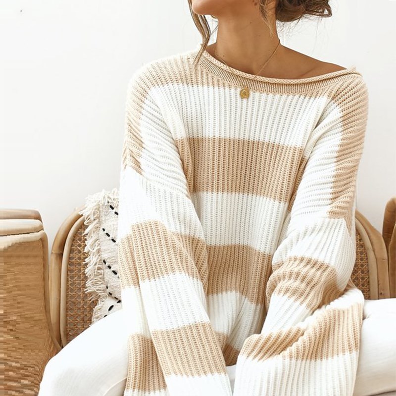 

Oversized Striped Sweater Women Winter Casual O Neck Batwing Sleeve Loose Pullover Knitted Women' Sweater Ladies Jumper 210521, Red