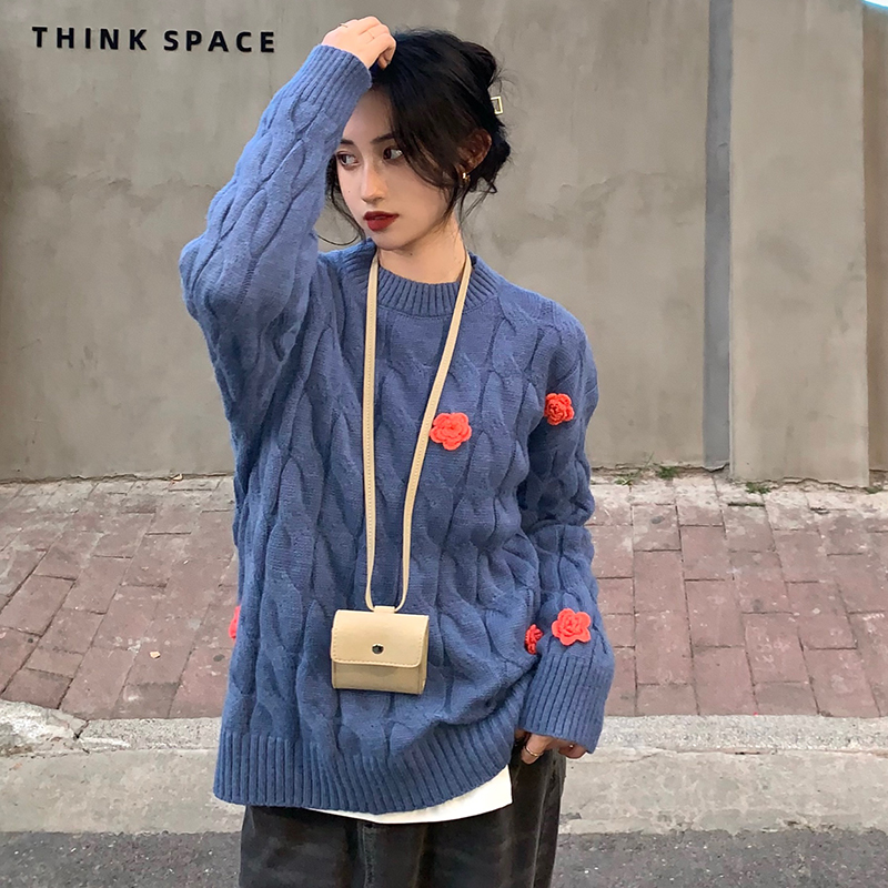 

2 Colors 2021 Autumn Winter Korean Style loose Sweaters Floral Twist Vintage Knitted Sweater and pullover womens (C8196), White;black