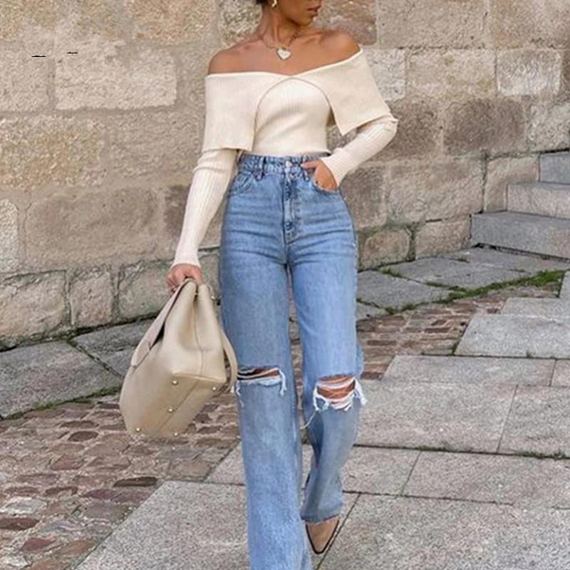 

Women' Sweaters 2021 Fashion Off Shoulder Tight Knit Sweater Retro V-neck Long Sleeve Ladies Pullover Chic Commuter Top, Beige 1