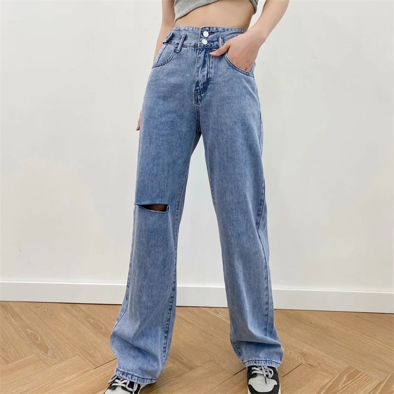 

Ripped Hole Vintage High Waist Jeans Woman Boyfriends Women's Full Length Mom Cowboy Denim Pants Vaqueros Mujer 210520, Blue