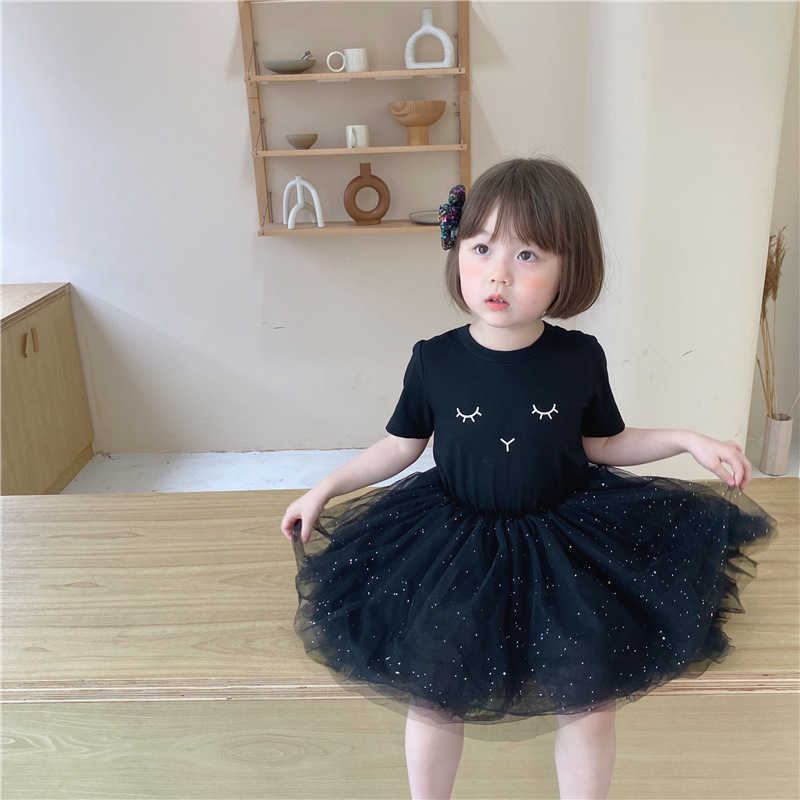 

Girls cartton rabbit short sleeve dresses fashion children patchwork mesh princess dress 1-7Y 210615, Pink