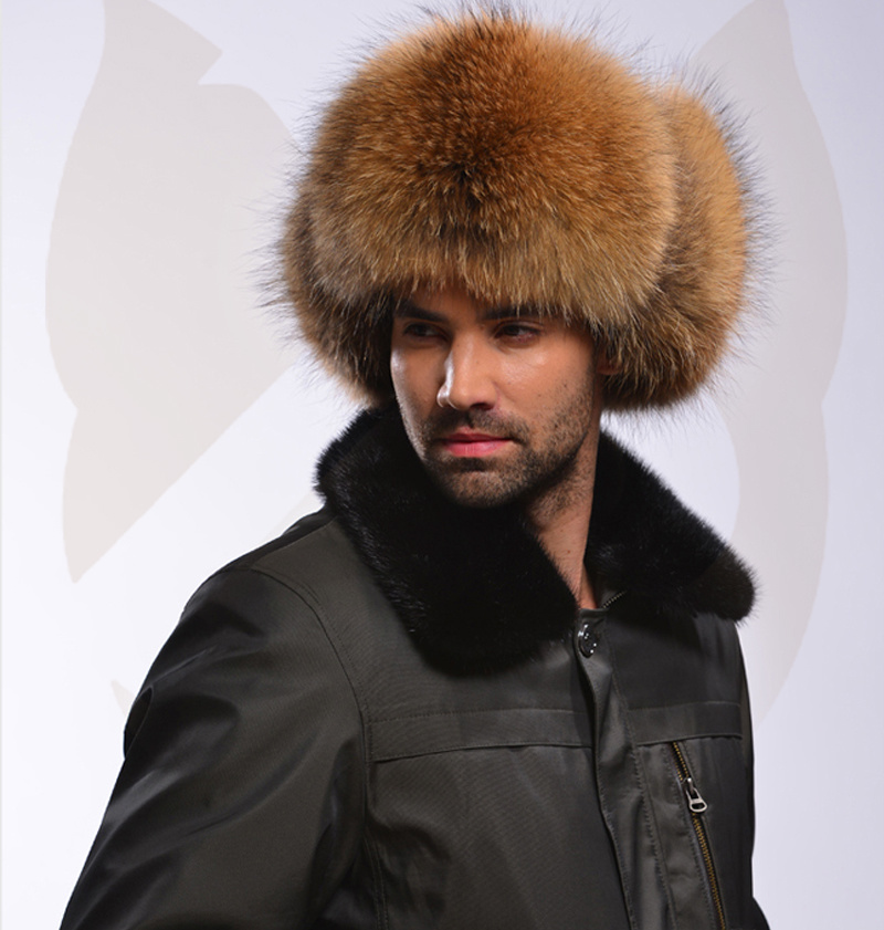 

Real Fox Fur Hat Winter Hat Male Fur Cap Men Hat Soviet Real Sheep Leather Top Headdress Head Warmer Russian FS14635, Nature silver fox