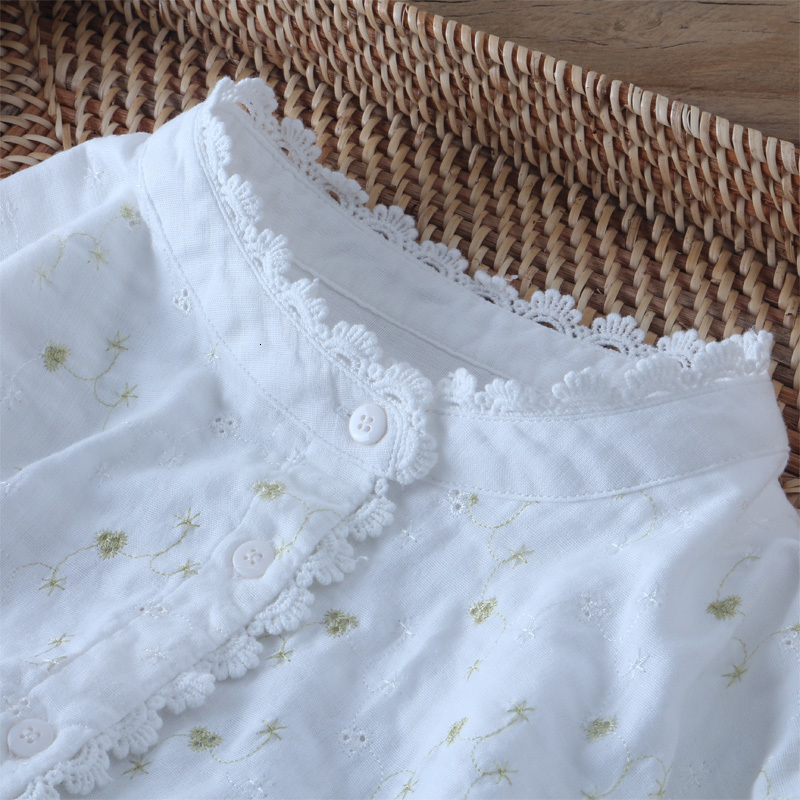 

Women's Blouses & Shirts Lamtrip Golden Thread Embroidery Stand Collar Cotton Yarn Long Sleeve Shirt Women Mori Girl Blouse UDDL, White