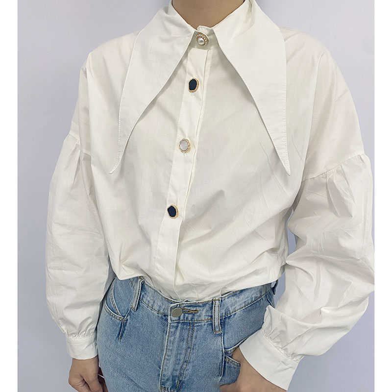 

Korea Women Fashion Blouses Design Spring Summer Long Sleeve Buttons Lantern Tops White Shirts 210615