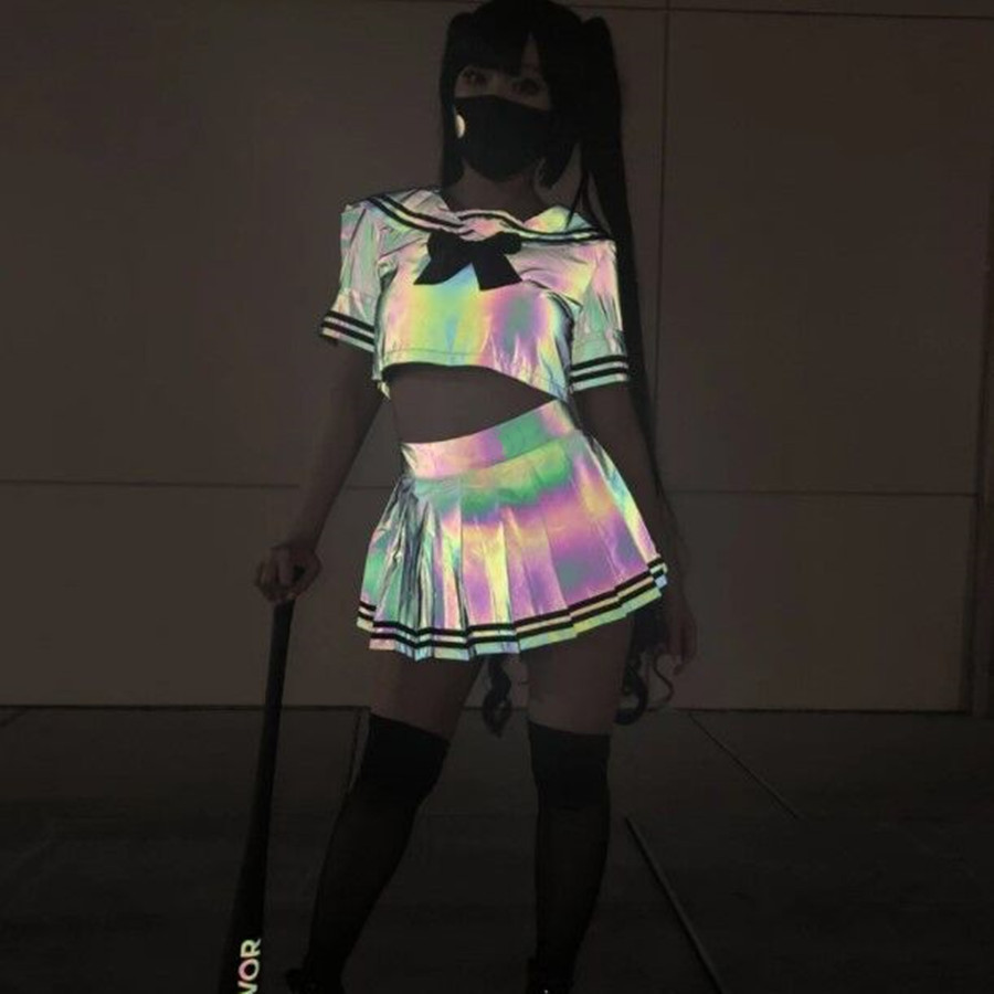 

Colorful reflective sailor two piece dress suit sexy cute female T-shirt pleated skirt performance school uniform, Gray