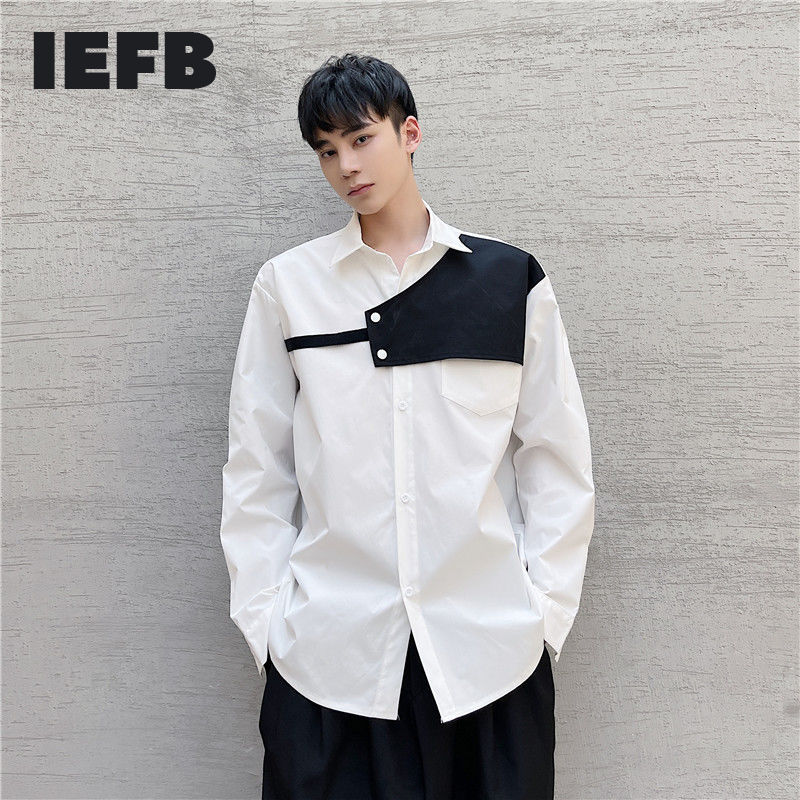 

IEFB Men's Clothing Design Contrast Color Patchwork Long Sleeve White Shirt Men's Fake Two Piecese Trend Casual Shirts 9Y6996 210524