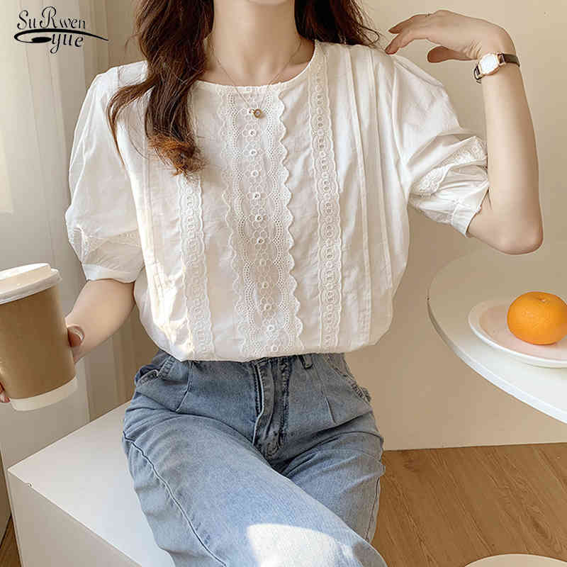 

Vintage French Summer Lace Shirt Sweet Chic Embroidery Round Collar Cotton Women Tops White Causal Clothes 14602 210521