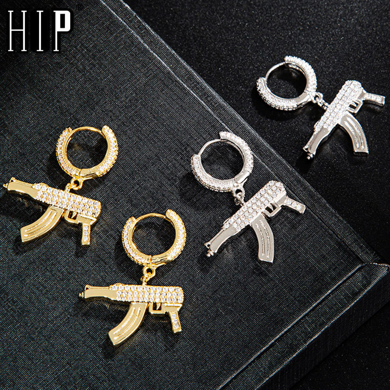 

Hip Hop 1Pair Iced Zircon AK47 Gun Earring Gold Color Micro Paved AAA+ Bling CZ Stone Earrings For Men Jewelry 220214