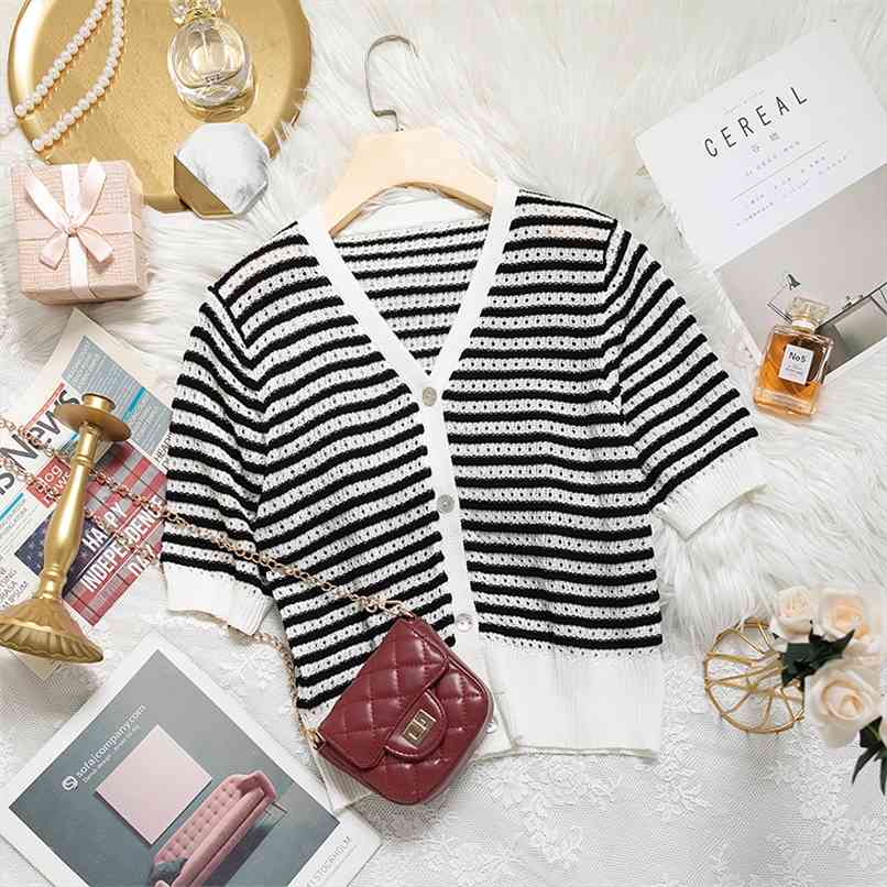 

Fashion Ice Silk High Waist Cardigan Hollow Short Sleeve Sweater Striped Knit Jacket Summer Slim Top Women 210520, Violet