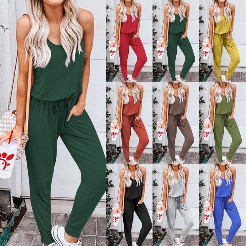 

Women's Jumpsuits & Rompers Women Round Neck Sleeveless With Pockets Drawstring Waist Solid Casual Long Pants Jumpsuit, Black;white